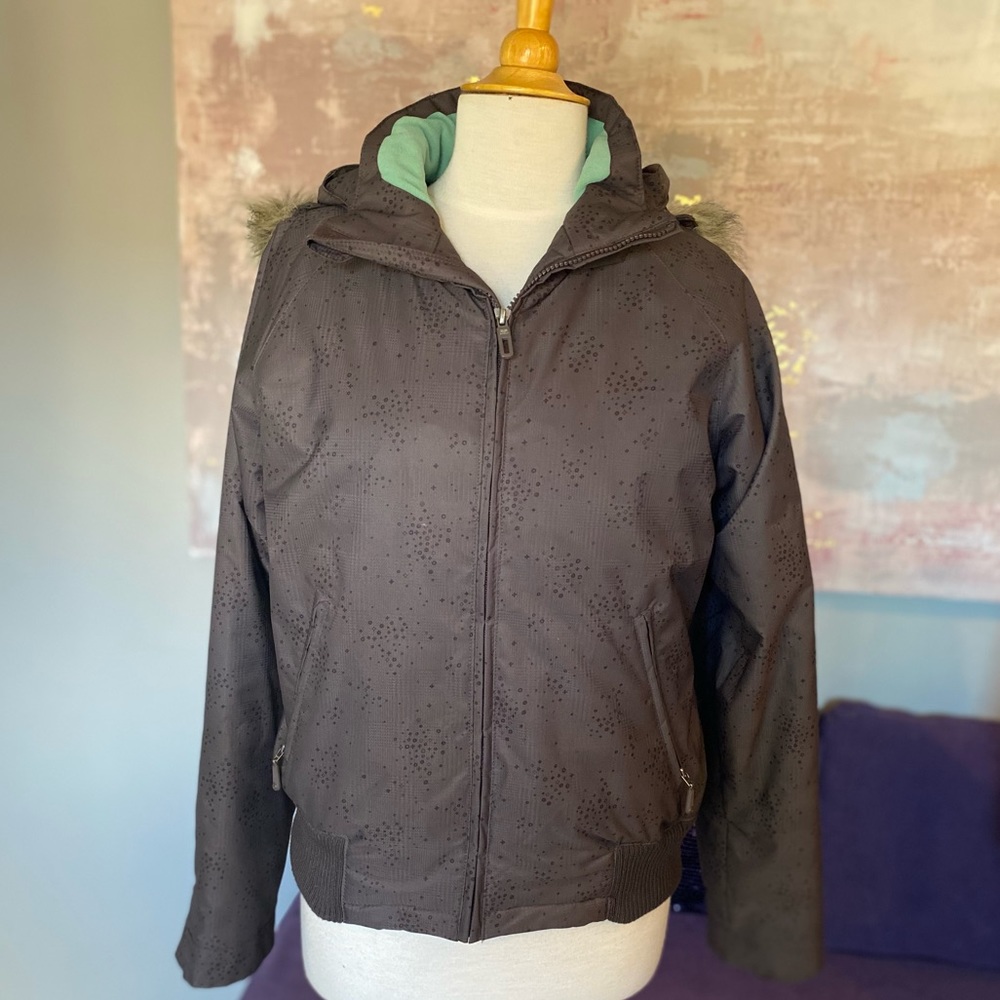 powder room CORE polar fleece snowboarding/ski jacket brown w/faux fur hood Med - Picture 3 of 15